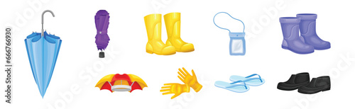Rain Clothes and Accessories with Rubber Boots and Umbrella Vector Set