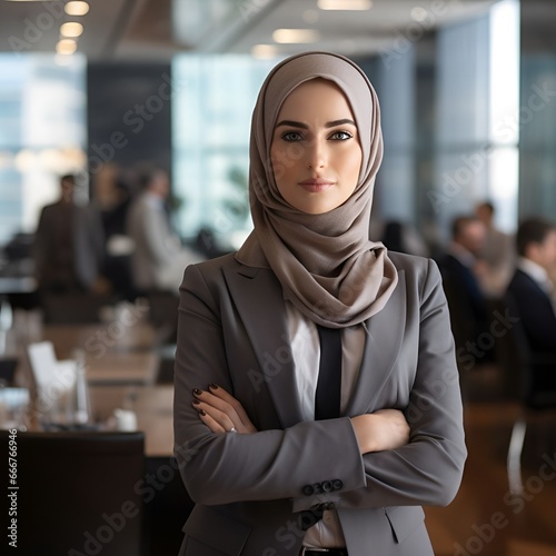 business woman with hijab looking at the camera in a boardroom people in the background