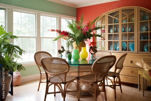 Colorful dining room with wicker furniture and decorative accents. Generative AI