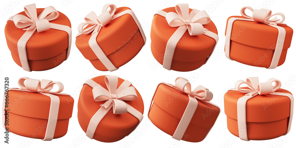 Red cartoon gift boxes with a pink ribbon bows in various positions, illustrated in a plastic 3D style. 3d illustration. Red cartoon gift boxes with a pink ribbon bows in various positions, illustrated in a plastic 3D style. 3d illustration.