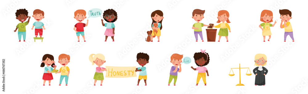Little Kid Characters Playing Fair and Honestly Vector Illustration Set Little Kid Characters Playing Fair and Honestly Vector Illustration Set