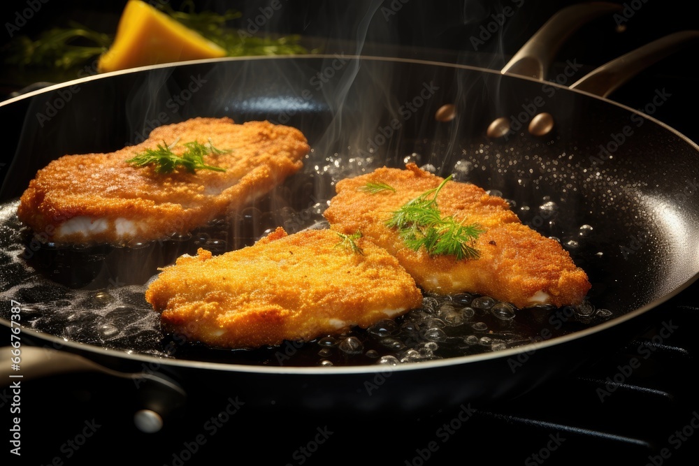 Breaded fish fillets frying in a pan, topped with dill, on a gas stove. Breaded fish fillets frying in a pan, topped with dill, on a gas stove.