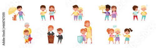 Little Kid Characters Playing Fair and Honestly Vector Illustration Set