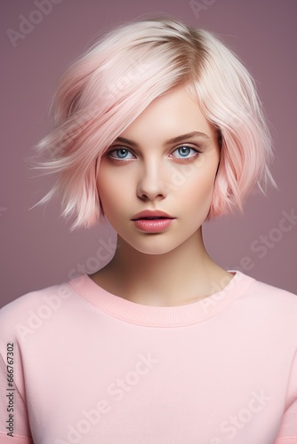 Gorgeous blonde wearing a pink sweater, looking into the camera against a pink background.