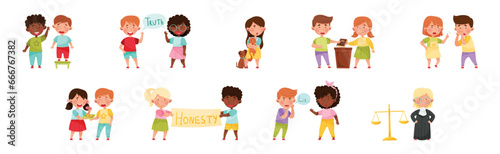 Little Kid Characters Playing Fair and Honestly Vector Illustration Set