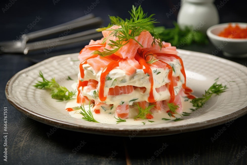 A vibrant salmon and cucumber salad garnished with dill on a white plate.