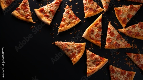 Top shot of many pizza slices against a dark background