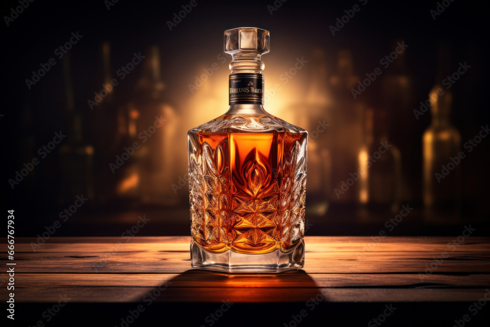 Bottle of amber color premium alcohol, isolated on white background. Ideal for mock-up of whisky, brandy, cognac or rum design. - obrazy, fototapety, plakaty 