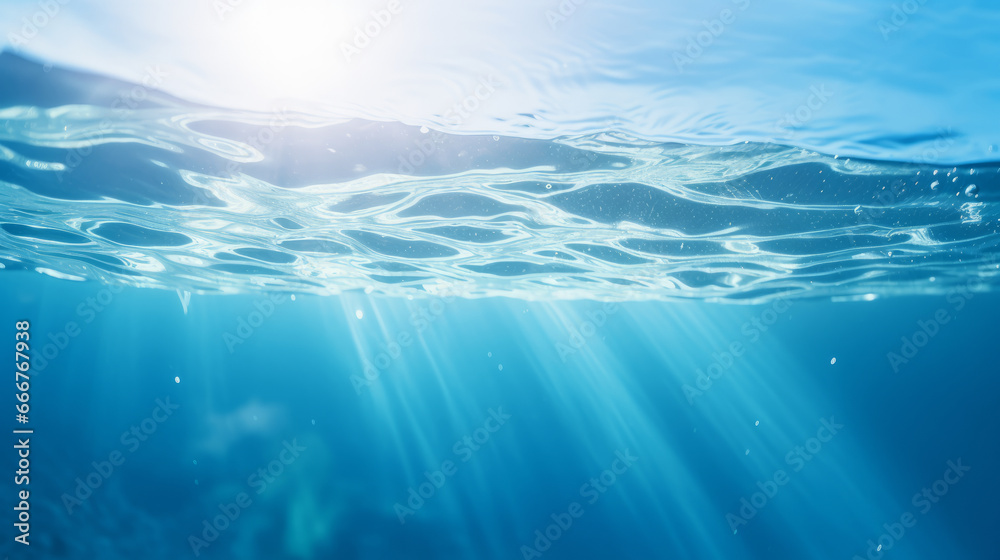 A mesmerizing underwater scene with radiant sunlight piercing through the deep blue ocean