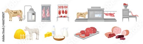 Meat and Dairy Product Manufacture Process Vector Set
