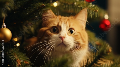A decorated Christmas tree's limbs are where the cat can be seen peering out