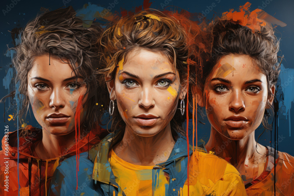 Obraz premium A street mural with images of diverse faces, celebrating the multiculturalism created by international migration. Generative Ai.