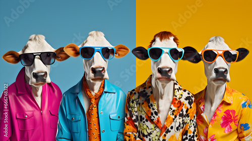 Stylish Cow Herd in Vibrant Fashionable Attire: Isolated on Solid Background Advertisement, copy text space. birthday party invite invitation banner © DimuwaSL