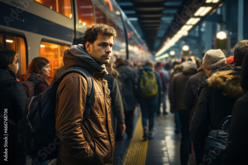 A crowded train station with commuters from different backgrounds, symbolizing the daily rhythms of international migration in urban areas. Generative Ai.