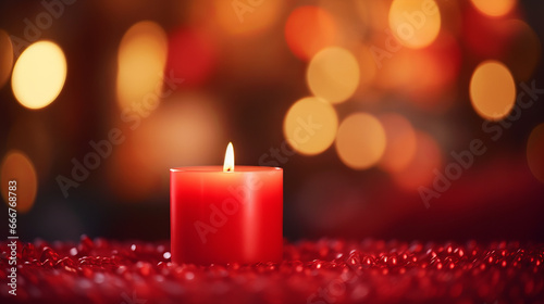 A vibrant red candle placed on a richly colored cloth