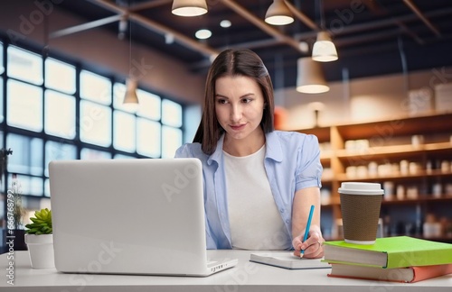 Positive businesswoman typing on the laptop  AI generated image