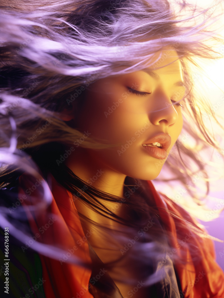 windy day: young asian woman in red coat