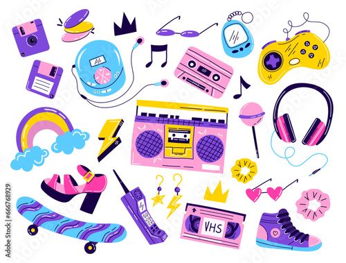 90s vibes: hand drawn vector 90s element collection isolated on white. Sticker set, flat style. Radio, headphones, skateboard, floppy disk..