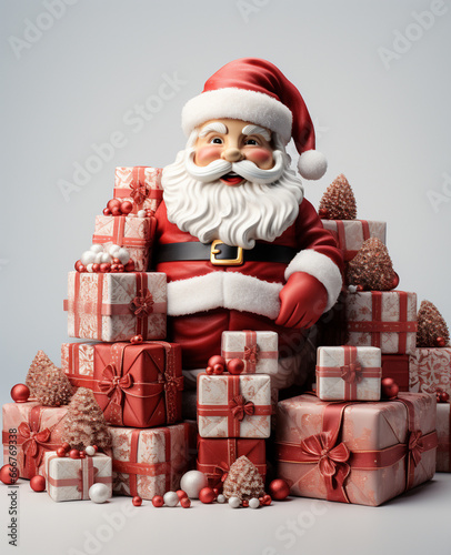 a 3d santa Claus with some gift boxs on transparent white background