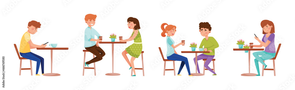 People Character Eating Street Food at Cafe Outdoor Vector Set People Character Eating Street Food at Cafe Outdoor Vector Set