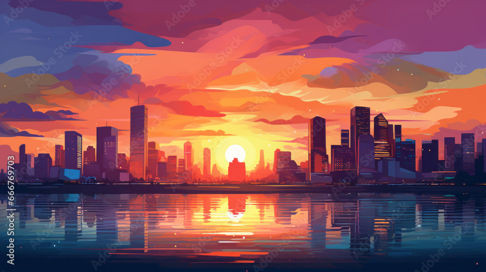 Cityscape at Dusk: A Vibrant Painting of a Sunset Illuminating a Bustling Urban Landscape