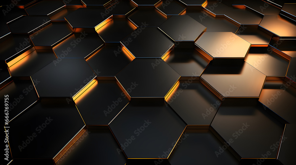 Gilded Geometry, Luxurious Hexagonal Abstract Metal Background with Golden Light Lines