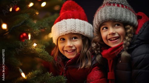 Children’s Christmas portrait outside. Decorated Christmas tree in snowy winter holidays outdoor. Happy children having fun..