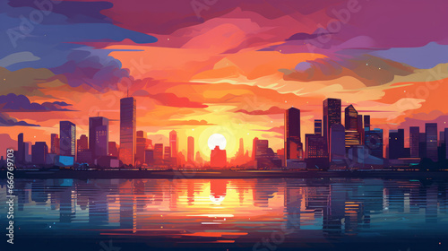 Cityscape at Dusk  A Vibrant Painting of a Sunset Illuminating a Bustling Urban Landscape