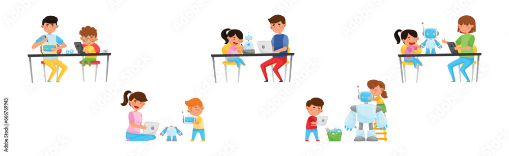 Children and Teenagers Engineering Robots Vector Illustration Set Children and Teenagers Engineering Robots Vector Illustration Set