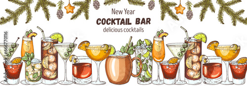 Alcoholic cocktail. Christmas menu. Hand drawn vector illustration. Hand drawn drinks illustration. Cocktails set. Menu design elements.