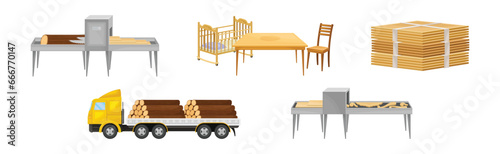 Wooden Furniture Production with Raw Timber Material Process Vector Set