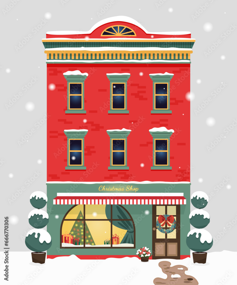 Christmas gift shop. Decorated building facade. Vector illustration in a flat style.Traditional old european houses. Buildings front view.