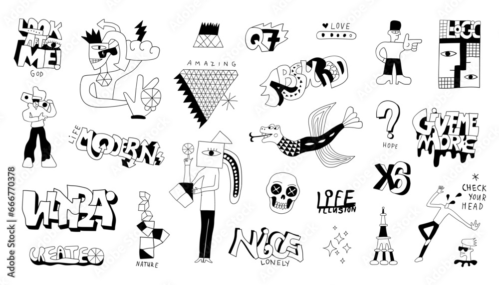 Obraz premium crazy doodle characters drawing words absurd symbols and objects isolated vector set