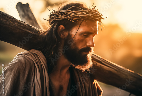 Jesus wearing a crown of thorns with a cross at sunset Fototapet