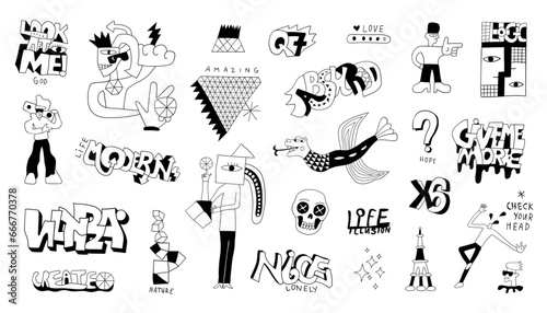  crazy doodle characters drawing words absurd symbols and objects isolated vector set