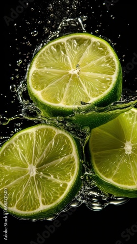 lime slices in water on a black background. Healthy Food Concept. Background with a copy space.