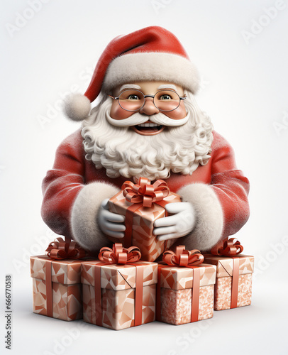 a 3d santa Claus with some gift boxs on transparent white background