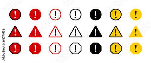 Red and White Round Circle Octagonal and Triangular Warning or Attention Caution Sign with Exclamation Mark Flat Icon Set. Vector Image.