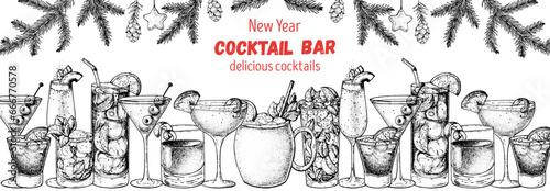Alcoholic cocktail sketch. Christmas menu. Hand drawn vector illustration. Hand drawn drinks illustration. Cocktails set. New Year menu design elements.