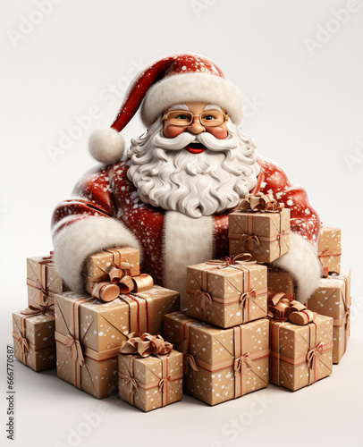 a 3d santa Claus with some gift boxs on transparent white background