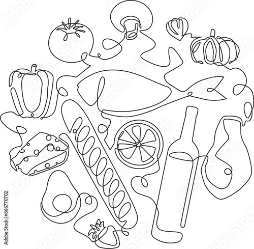 Food. Vector illustration with fresh Vegetables, Fruits, Fish, Bread, Cheese and Meat. Continuous line drawing style in circle.