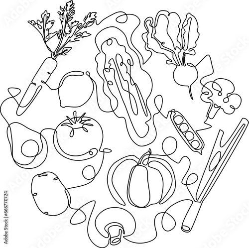 Fresh Vegetables and Fruits in Circle isolated on White Background. Continuous line drawing illustration with healthy Food. Vector poster.