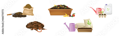 Organic Compost and Plant Fertilizer for Garden Work Vector Set