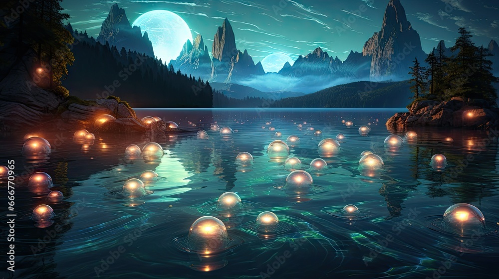  a lake filled with lots of glowing balls floating on top of it.  generative ai