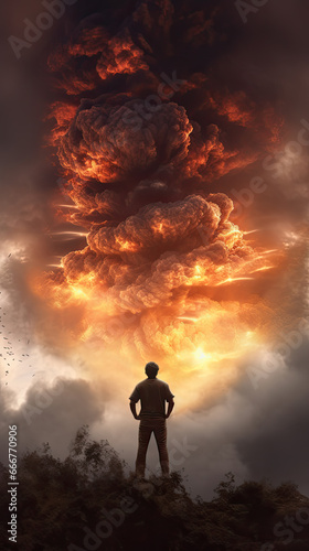 silhouette of a man on yellow firestorm