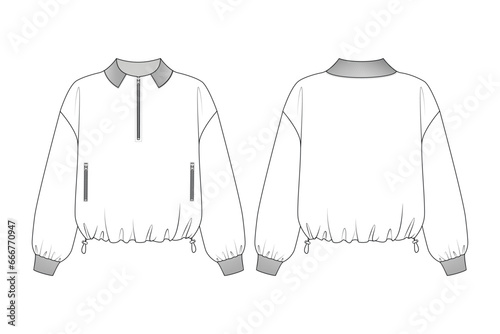 Fashion technical drawing of the oversize drawstring half zip sweatshirt.