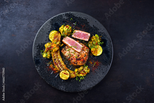 Fried gourmet tuna fish steak with banana, avocado and zucchini slices served as top view on a Nordic design plate