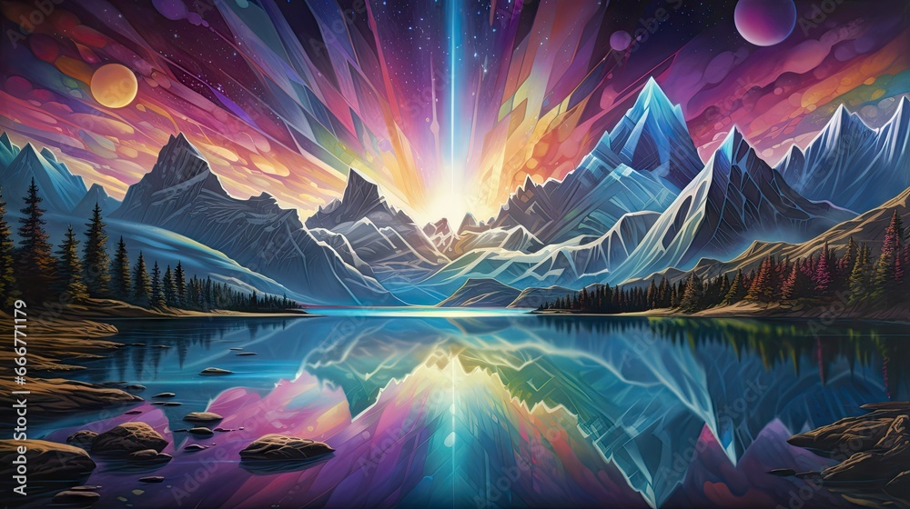  a painting of mountains and a lake with a colorful sky.  generative ai