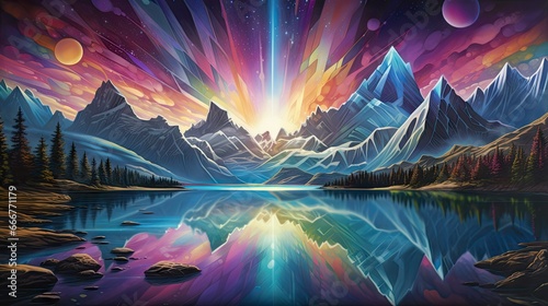  a painting of mountains and a lake with a colorful sky. generative ai
