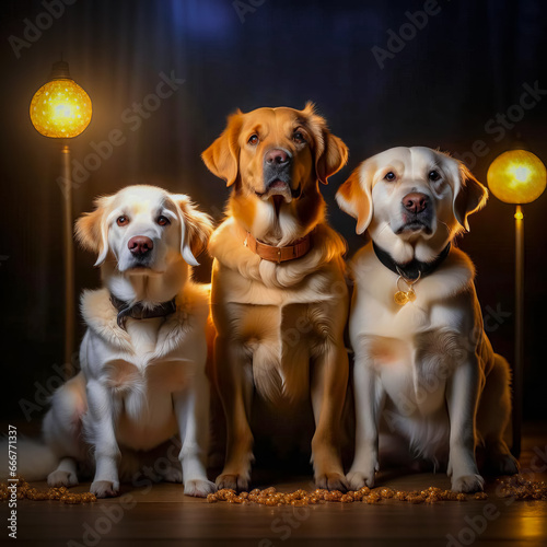 Three beautiful cute domestic dogs posing, dogs looking at the camera